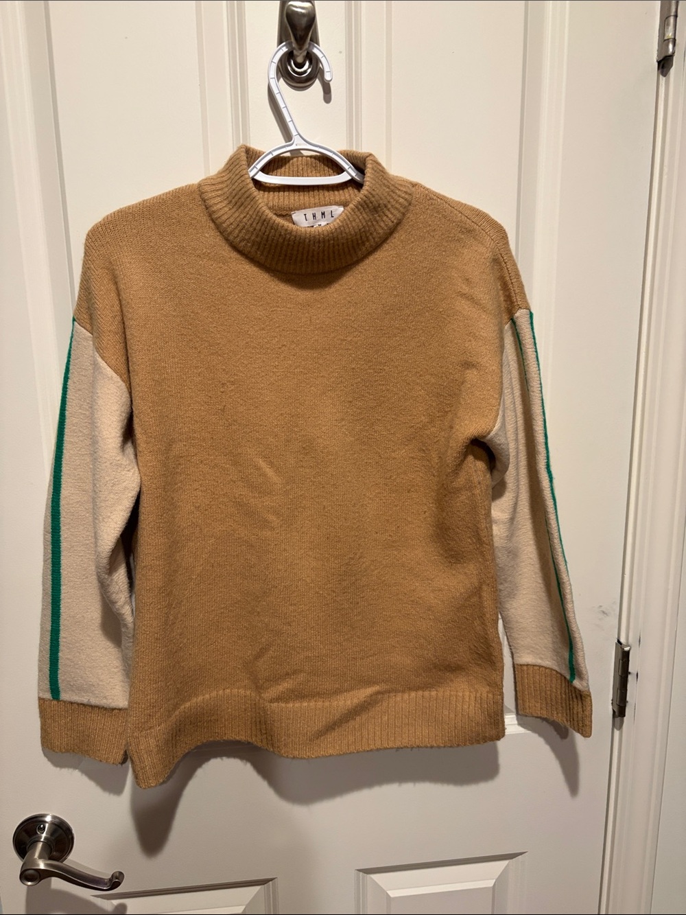 Camel Crewneck Sweater with Cream Sleeves and Green Stripe
